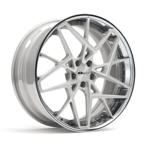 Side view of GFG FM21-Y wheels on brushed silver / polished lip