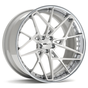 Side view of GFG FM21-Y wheels on brushed silver / polished lip