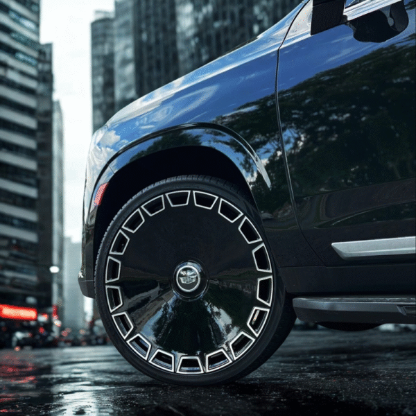 side view of Giovanna Dicotto black machine wheel installed on Escalade
